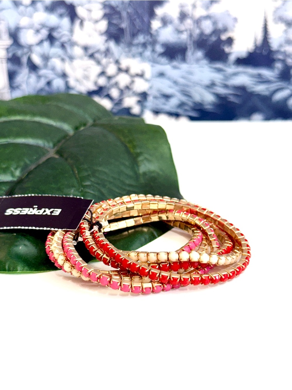 EXPRESS Pink Red Cream Crystal Stretch Bracelet Stack NWT